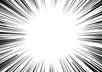 Fototapeta premium Manga speed lines background, black and white comic action rays, radial zoom effect for motion and impact, abstract sunburst vector illustration