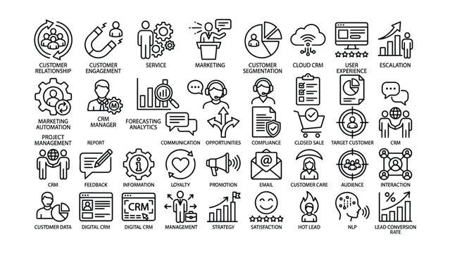 Collection of modern line style business icons for customer relationship management and marketing automation concepts  various CRM related symbols