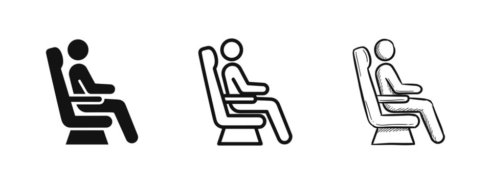 Passenger sitting in airplane seat icon set