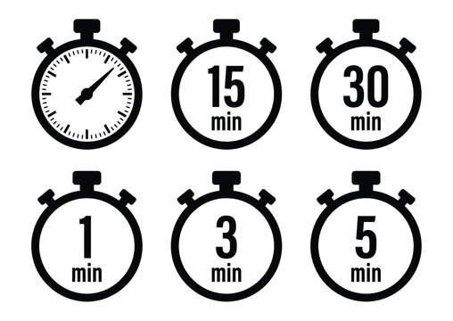 Minimalist stopwatch icon set with time intervals, black chronometer symbols for 1, 3, 5, 15, and 30 minutes, flat vector timer collection for productivity