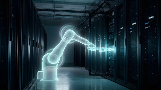 Cinematic photo of a glowing cyan holographic robotic arm sliding a server blade into a rack.