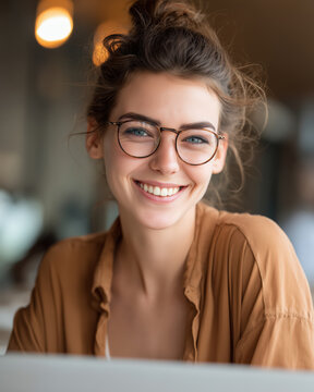 Smiling young woman in eyeglasses looking at camera during remote work at cozy cafe with warm casual shirt friendly freelancer portrait confidence lifestyle career study mood productivity