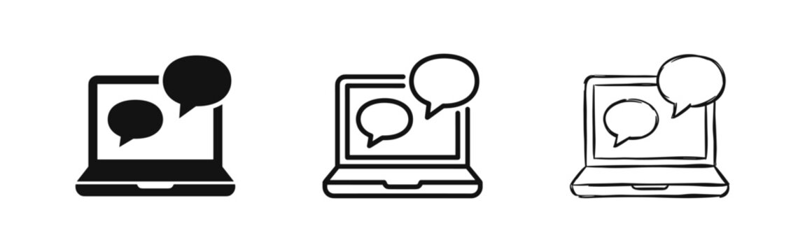Laptop computer with chat speech bubble icons set