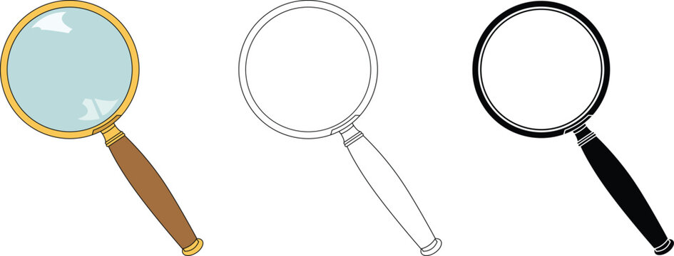 Modern magnifying glass vector set featuring color, outline, and silhouette styles. Clean search and inspection icon perfect for research, detective, analysis, education, web, and apps.