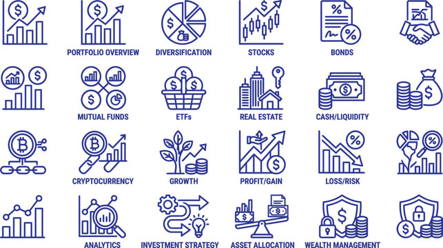 Financial Icons Collection: A comprehensive set of financial icons representing investment, analytics, and management, suitable for business and finance presentations.