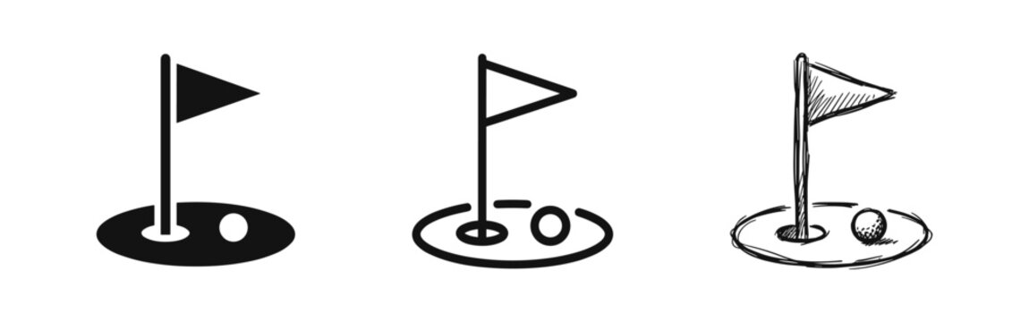 Golf hole and flag icons in solid, outline, and sketch styles