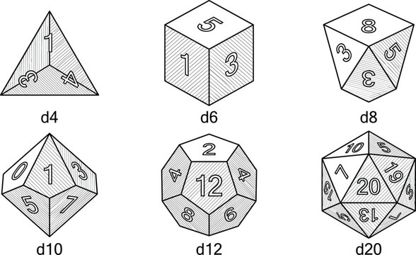 Polyhedral dice set for tabletop roleplaying games vector illustration with line art drawing of RPG dice collection
