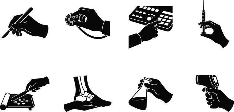 Medical procedure icon set showing hands holding surgical scalpel syringe stethoscope thermometer and laboratory glassware