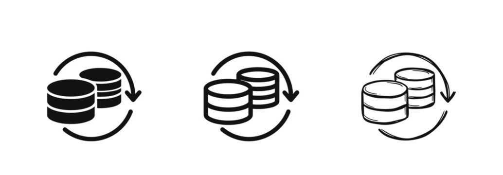 Database coins transfer icon set, flat, line, and doodle styles