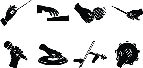 Musician hands solid icon set holding microphone guitar strings conductor baton violin drumstick and tambourine © SHEMA