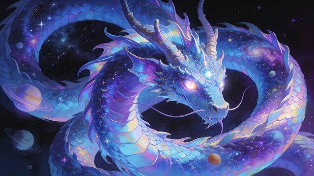Celestial Basilisk Emerging in Ethereal Neon Hues from Cosmic Darkness