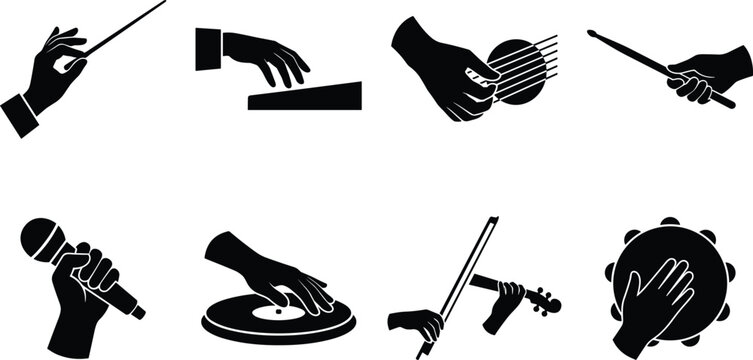 Musician hands solid icon set holding microphone guitar strings conductor baton violin drumstick and tambourine