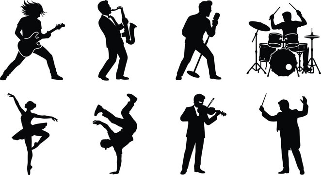 Musicians dancers and orchestra conductor silhouette vector icons set for live entertainment and musical performance concepts