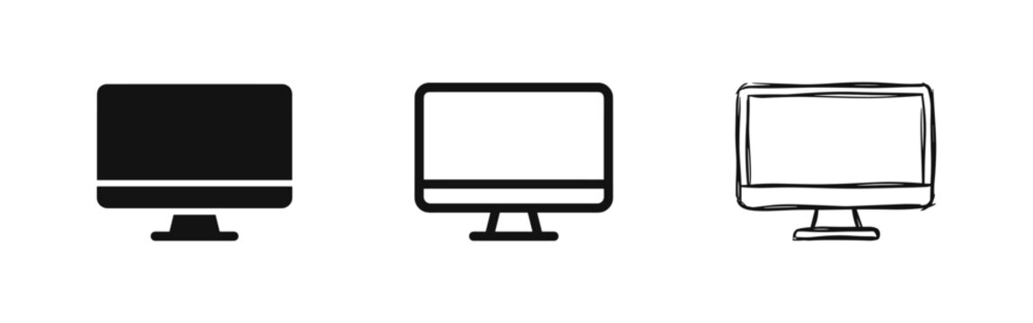 Desktop Computer Monitor Icons Set, Solid, Outline, and Sketch