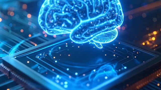 A glowing digital brain hovering above a complex computer processor