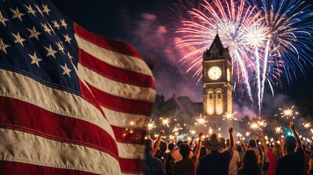 US Independence Day Celebration with American Flag, Fireworks, and Sparklers at Independence Hall