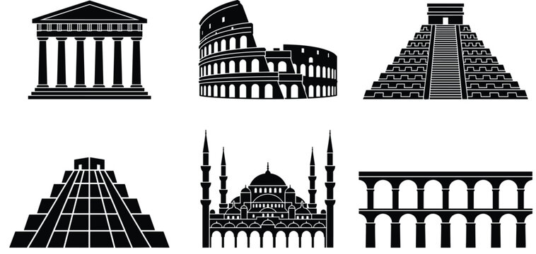 Ancient landmarks and historical architecture silhouette set vector illustration with Colosseum temple pyramid and mosque icons