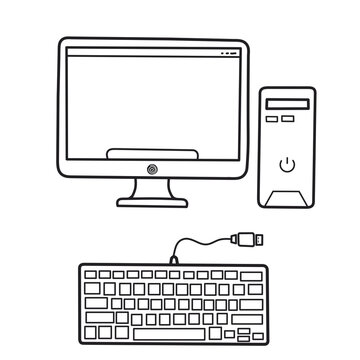 Desktop PC computer doodle vector illustration for technology and office concept