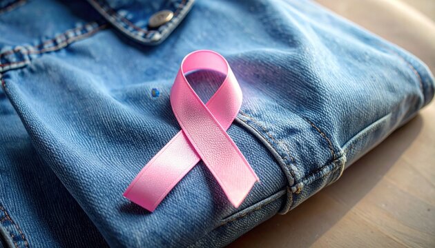 Pink ribbon symbol of breast cancer awareness attached to a folded denim jacket sleeve