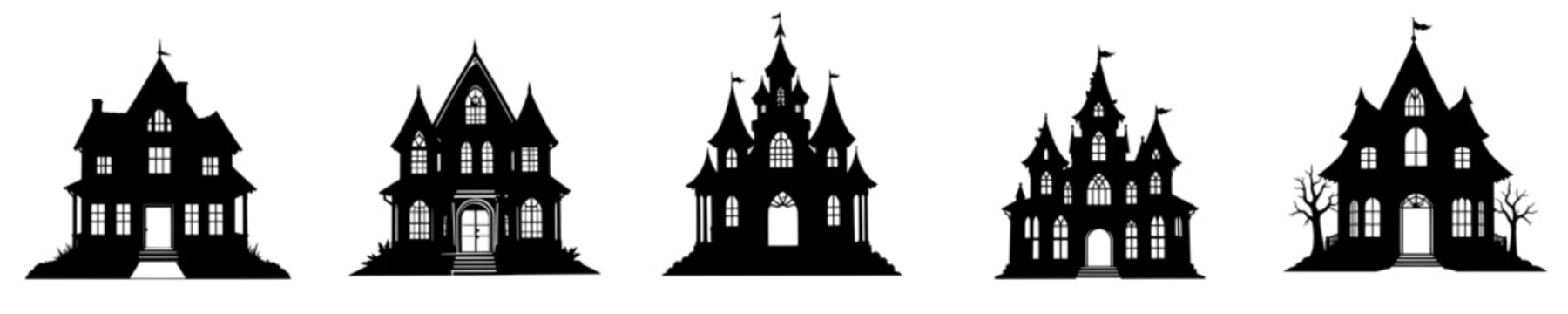 Collection of black haunted house silhouettes featuring gothic windows, pointed roofs, and eerie mansion shapes isolated on white background, Halloween themed horror building vector set