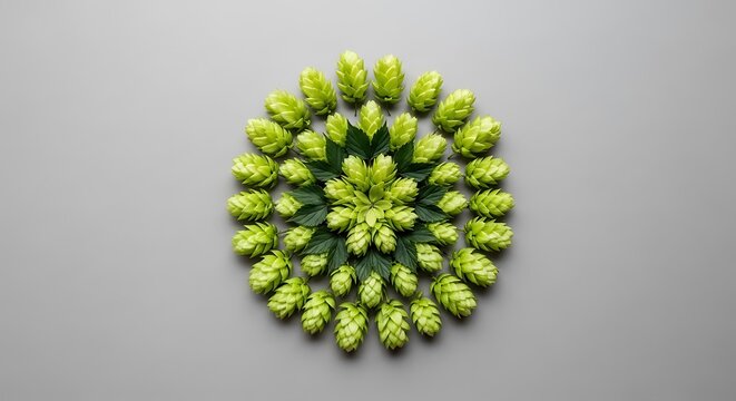 Fresh green hop cones arranged in a circular mandala pattern on grey background