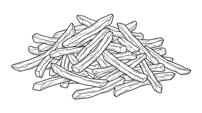 Vintage hand drawn french fries illustration, pile of crispy potato chips sketch, black and white fast food vector isolated on white background