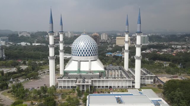 Slow Aerial Drone Fly Toward Sultan Salahuddin Abdul Aziz Mosque (Blue Mosque), Shah Alam, Malaysia, 4K