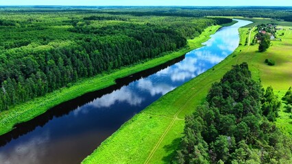 Obraz premium Aerial view of winding river reflecting trees and grasslands in vibrant green surroundings