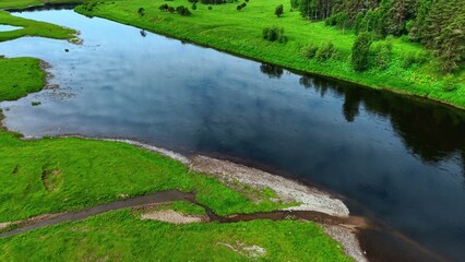 Obraz premium Riverbank with lush green vegetation and reflective water surface on a sunny day