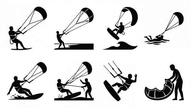 Dynamic set of kitesurfing and kiteboarding vector silhouettes flat design icons for extreme water sports and recreation concepts isolated on white