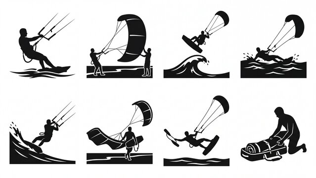 Set of kitesurfing and kiteboarding action silhouettes depicting various extreme water sport poses and activities ideal for web and app design
