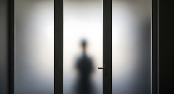 Blurred silhouette of a person standing behind a frosted glass office door