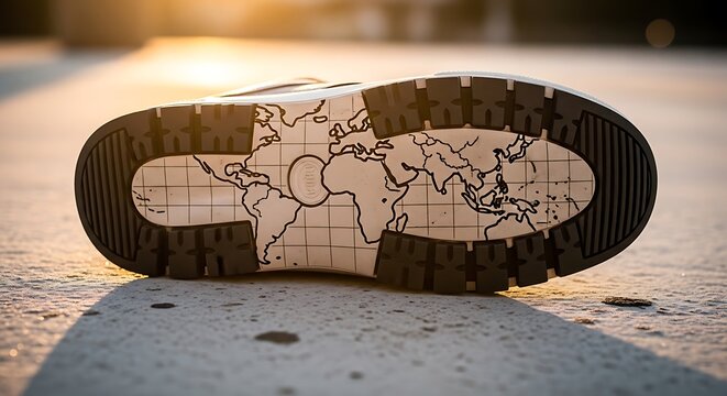 Boot sole with global world map print on pavement at sunset outdoor