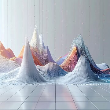 A futuristic abstract 3D landscape with colorful mountain ranges