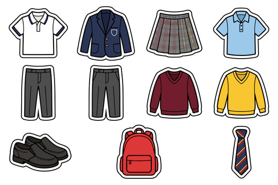 School uniform set with shirts, pants, skirts, sweaters, shoes, backpack, and tie.