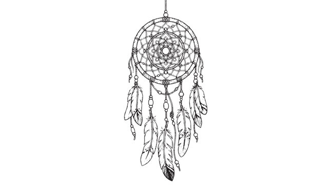 Bohemian dreamcatcher vector illustration, black and white tribal dream catcher with feathers, ethnic mandala ornament for coloring book