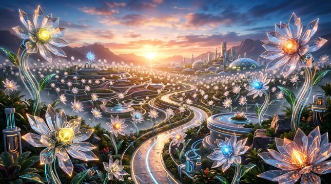 A breathtaking panoramic view of a futuristic utopian city and a landscape filled with glowing crystal lotus flowers at sunset.