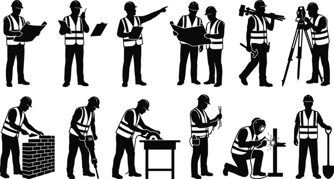 Construction worker silhouettes set including engineer, builder, welder, and surveyor doing various tasks
