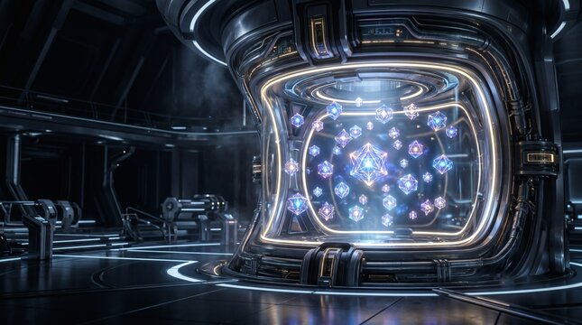 Futuristic laboratory with a glowing containment unit holding numerous crystalline energy forms in a dark, high-tech environment.