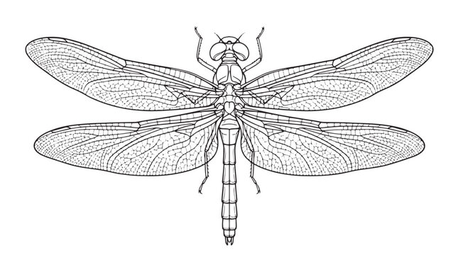 Vintage dragonfly line art illustration, detailed insect sketch vector, black and white damselfly drawing for coloring book or tattoo design