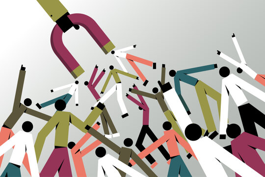 Conceptual vector illustration of a giant magnet attracting a crowd of people, symbolizing talent acquisition, recruitment, influence, leadership, customer attraction and social engagement