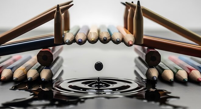 Colored pencils arranged as a bridge over a black liquid drop splash