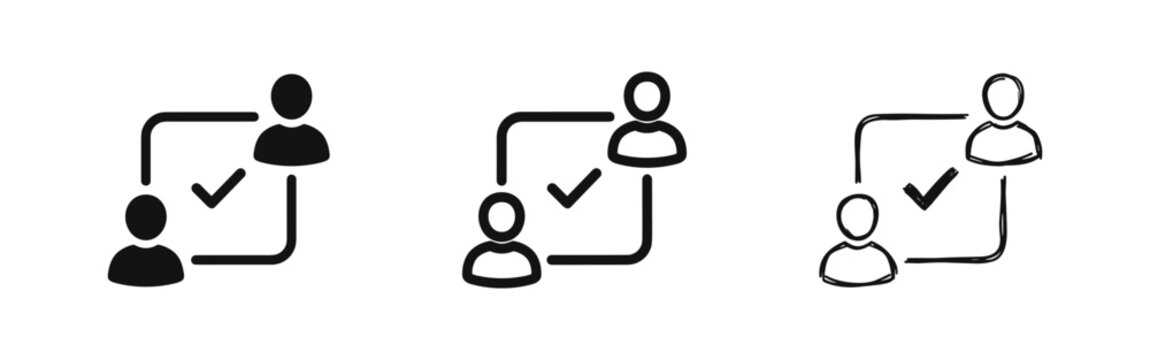 Set of approval and user consensus icons in solid, outline, and sketch styles