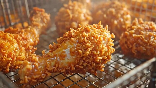Crispy breaded poultry pieces frying in hot bubbling cooking oil