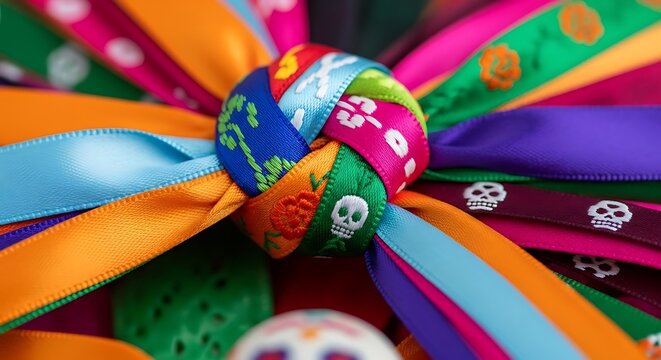 Colorful Day of the Dead Ribbons Tied in a Knot for Mexican Holiday Decor