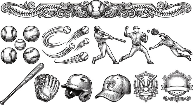 Vintage baseball collection set with players, equipment, and emblems engraving style illustration