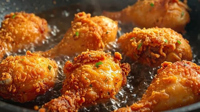 Crispy breaded chicken pieces frying in a hot oil pan