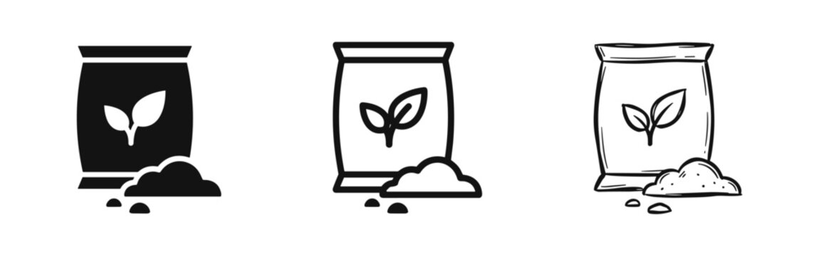 Fertilizer or seeds bag icon set, agriculture gardening sack