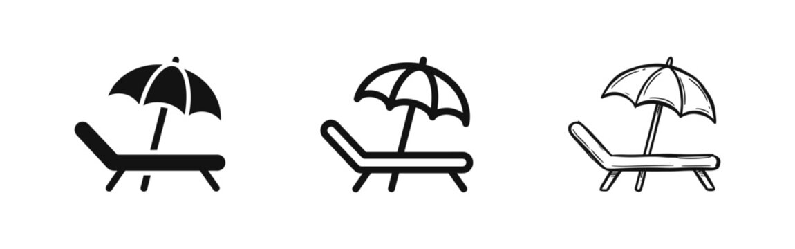 Beach chair with umbrella icon set, summer vacation holiday