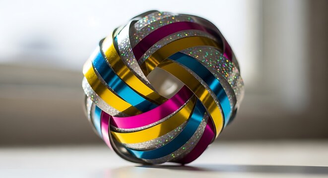 Colorful decorative ball made of woven metallic ribbons on a table